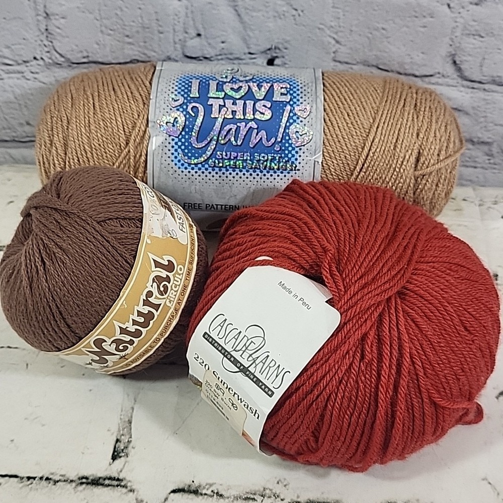 Harvest Earth-Tones Yarn Lot Of 3 Skeins Red Brown Tan Knit Crochet Crafts